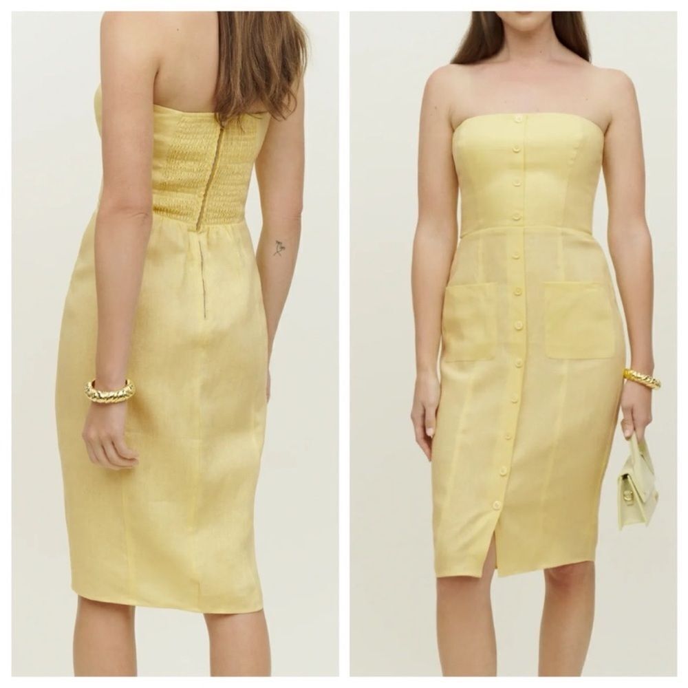 Reformation Prescott Linen Midi Strapless Dress Zest Yellow NWT $248
